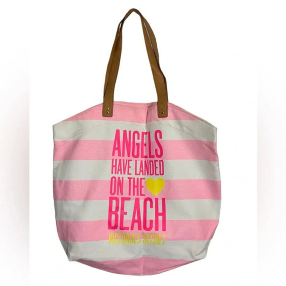 Victoria Secret Pink & White Striped Tote “Angels Have Landed on the Beach” - Picture 1 of 7